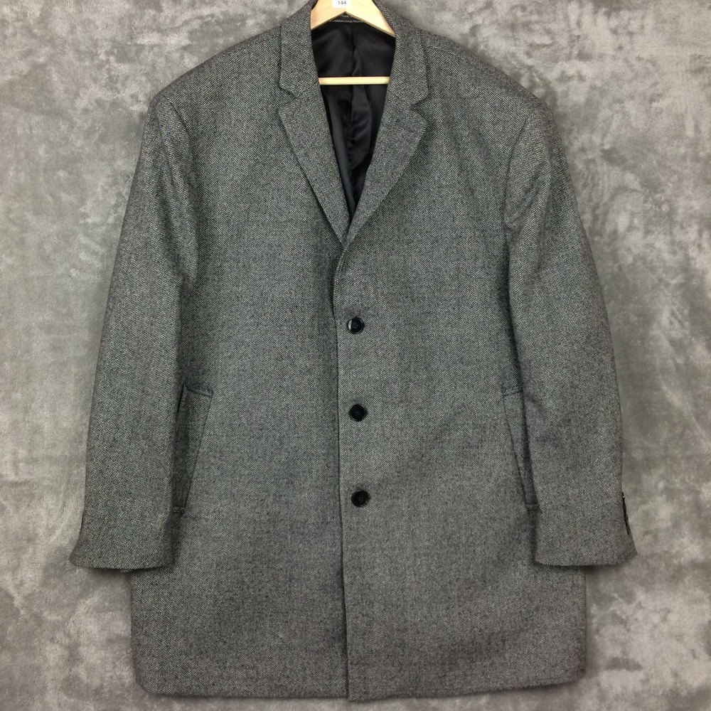 Calvin‎ Klein Overcoat Mens XXL Wool Blend Herringbone Tweed Grey 50-52